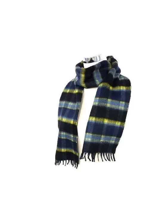 Prada Scarf Navy Yellow Cashmere Plaid Fringe - Picture 4 of 5